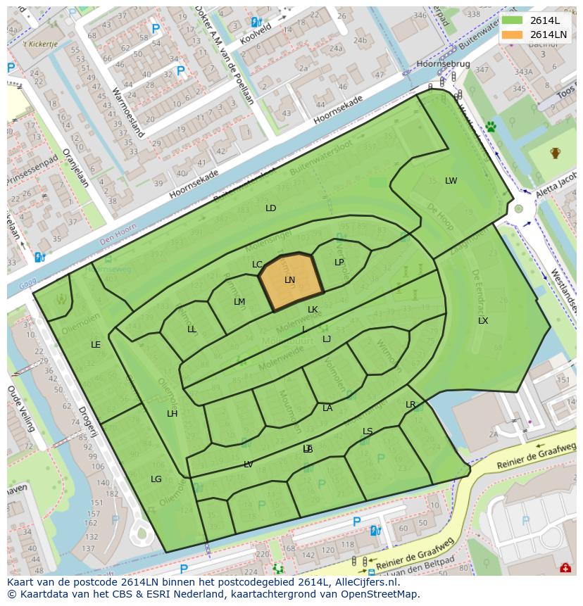 Afbeelding van het postcodegebied 2614 LN op de kaart.