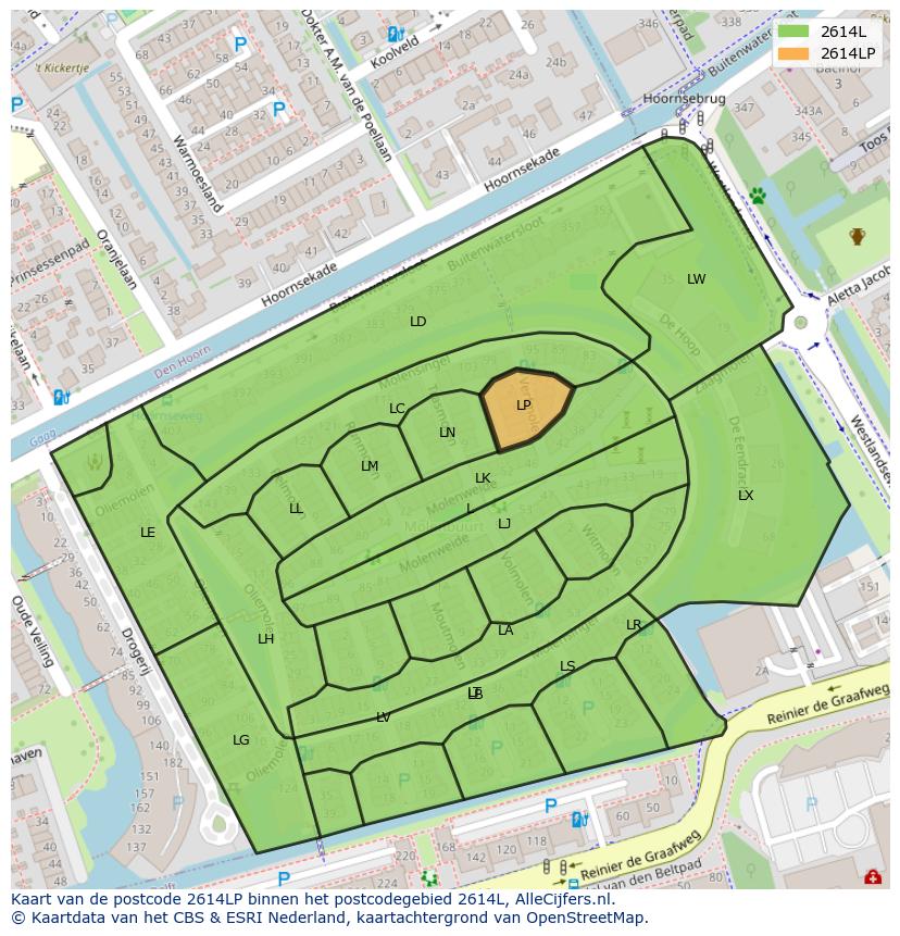 Afbeelding van het postcodegebied 2614 LP op de kaart.