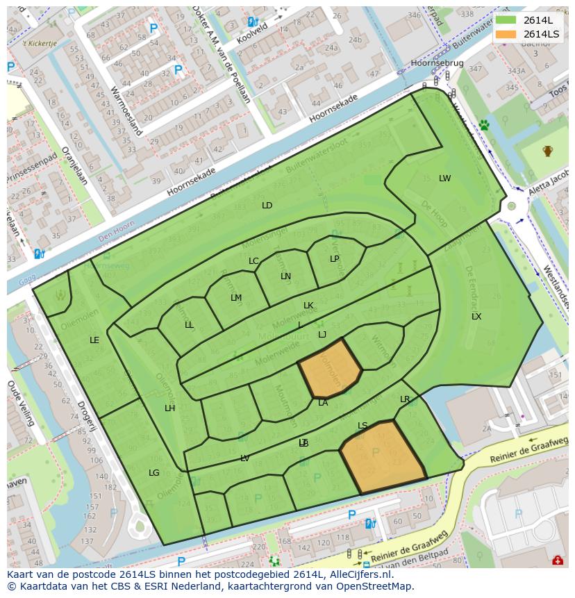 Afbeelding van het postcodegebied 2614 LS op de kaart.
