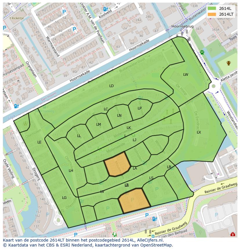 Afbeelding van het postcodegebied 2614 LT op de kaart.