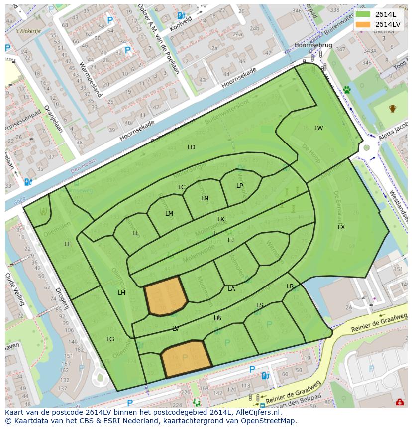 Afbeelding van het postcodegebied 2614 LV op de kaart.