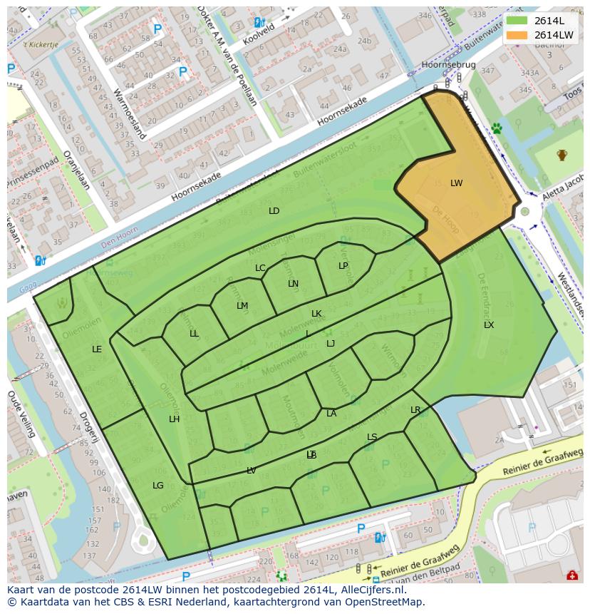Afbeelding van het postcodegebied 2614 LW op de kaart.