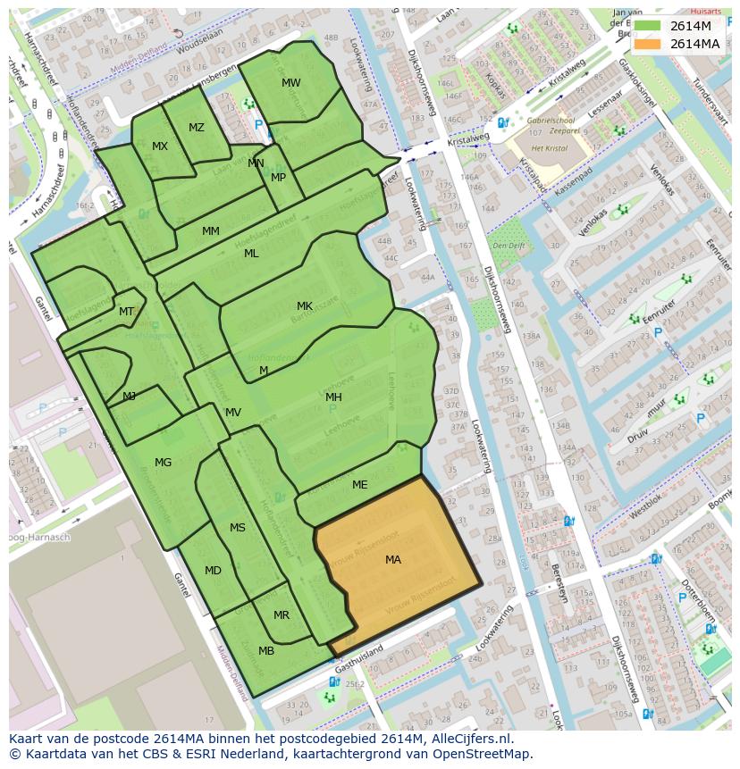 Afbeelding van het postcodegebied 2614 MA op de kaart.