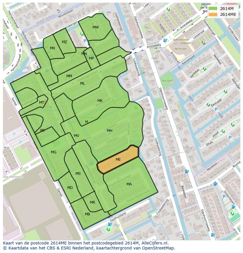Afbeelding van het postcodegebied 2614 ME op de kaart.
