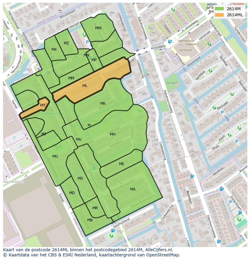 Afbeelding van het postcodegebied 2614 ML op de kaart.