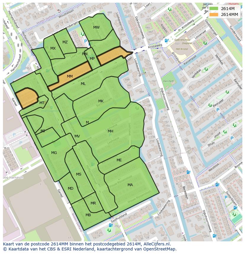 Afbeelding van het postcodegebied 2614 MM op de kaart.