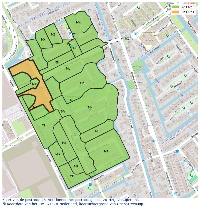 Afbeelding van het postcodegebied 2614 MT op de kaart.