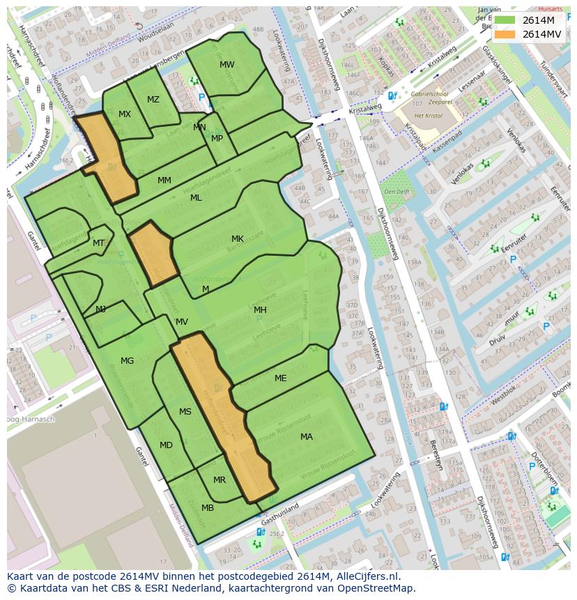 Afbeelding van het postcodegebied 2614 MV op de kaart.