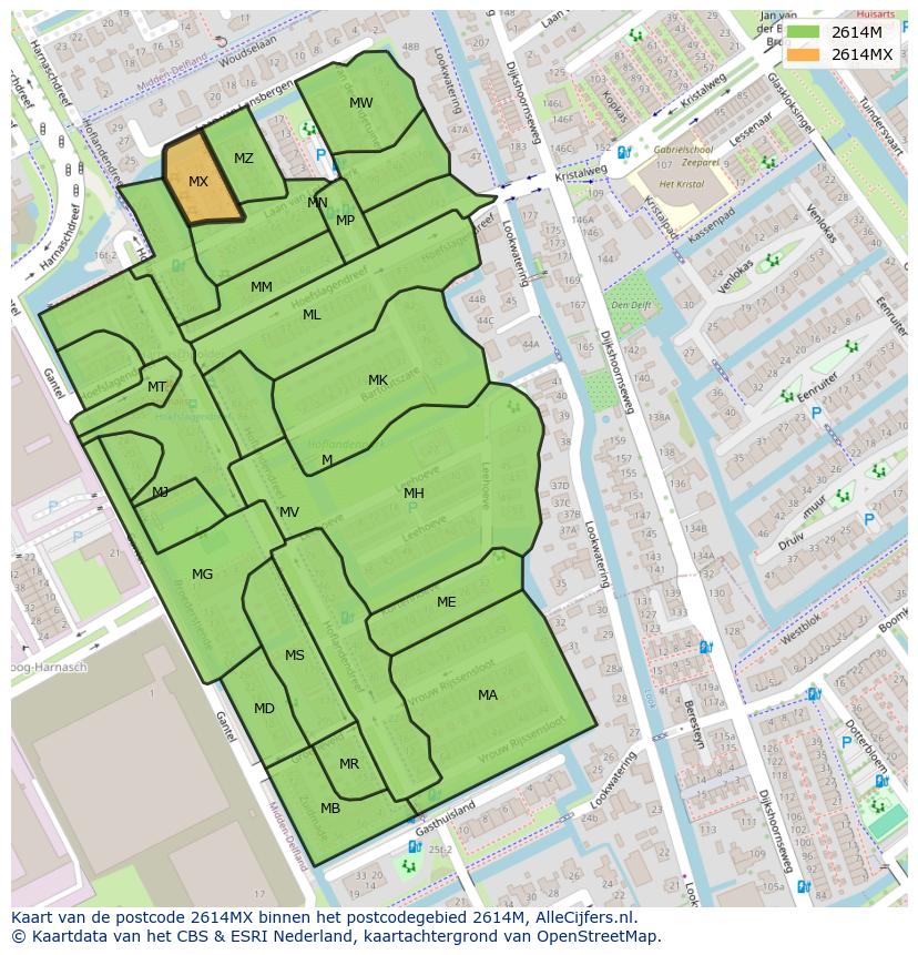 Afbeelding van het postcodegebied 2614 MX op de kaart.