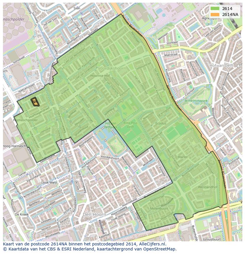 Afbeelding van het postcodegebied 2614 NA op de kaart.