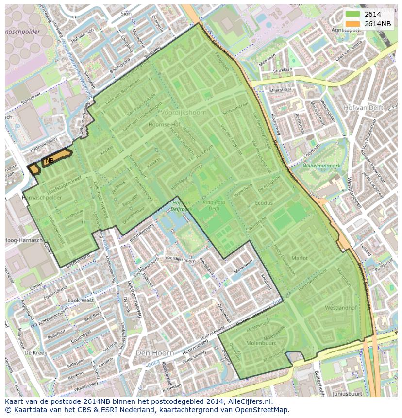 Afbeelding van het postcodegebied 2614 NB op de kaart.