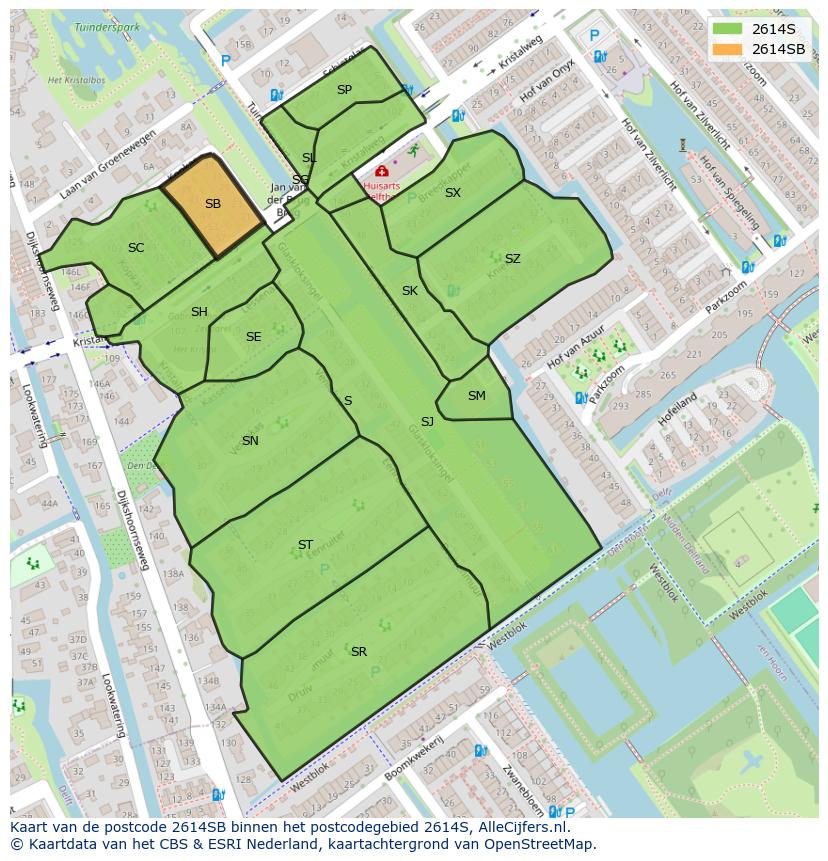 Afbeelding van het postcodegebied 2614 SB op de kaart.