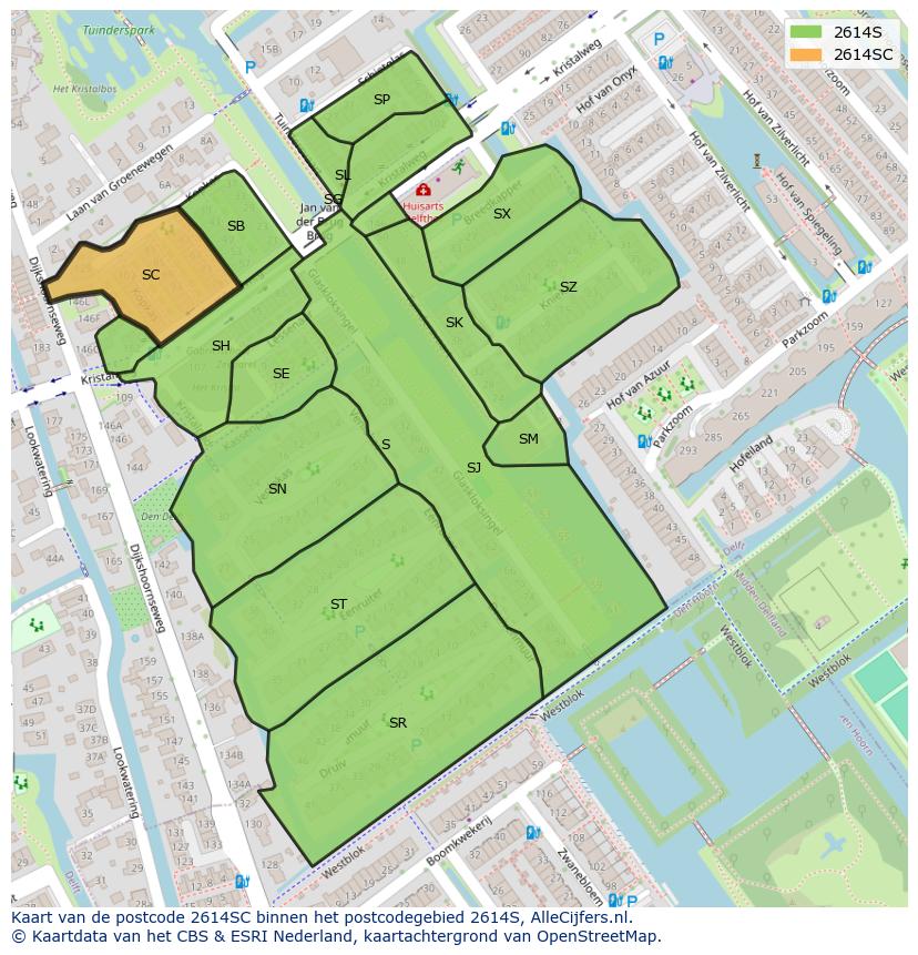 Afbeelding van het postcodegebied 2614 SC op de kaart.