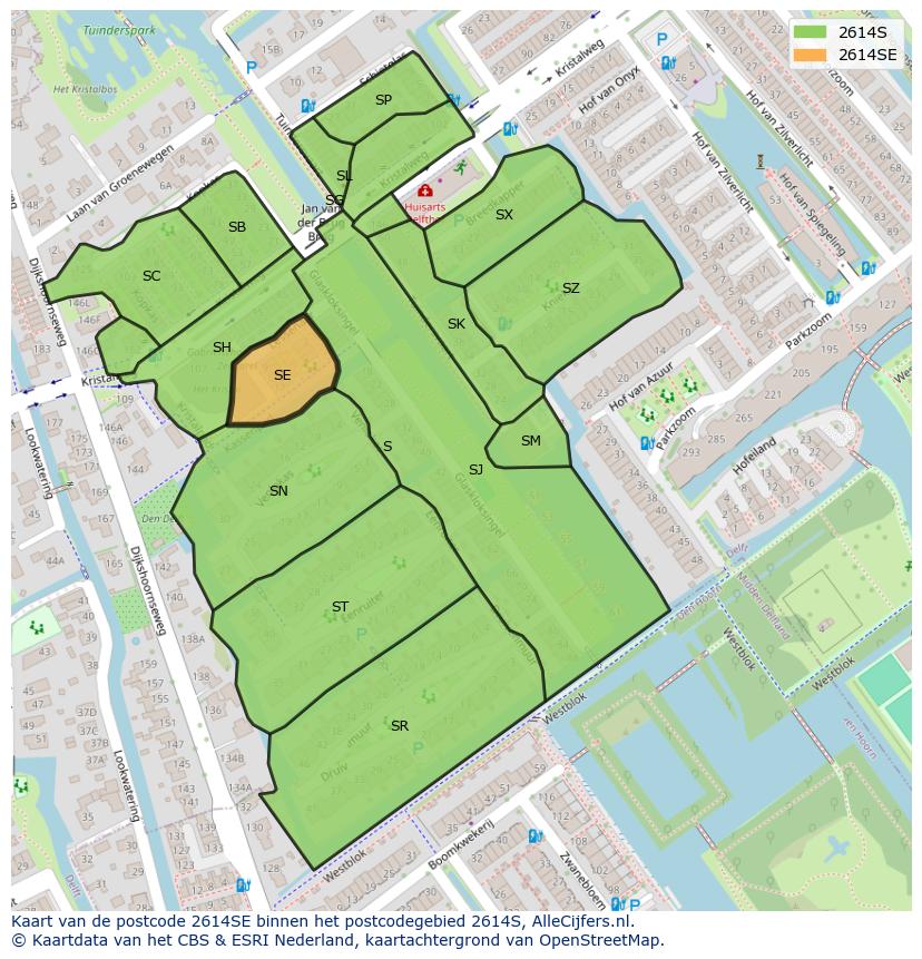 Afbeelding van het postcodegebied 2614 SE op de kaart.