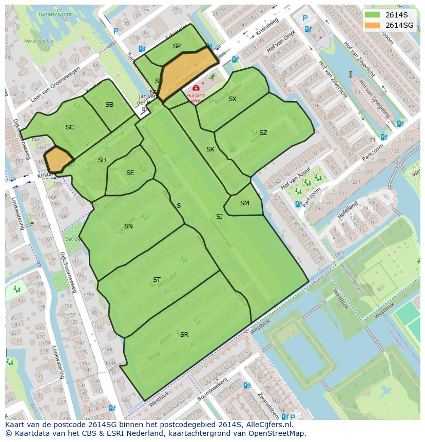 Afbeelding van het postcodegebied 2614 SG op de kaart.