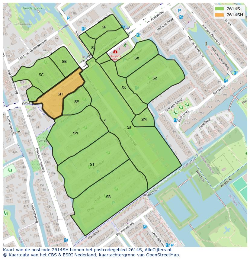 Afbeelding van het postcodegebied 2614 SH op de kaart.