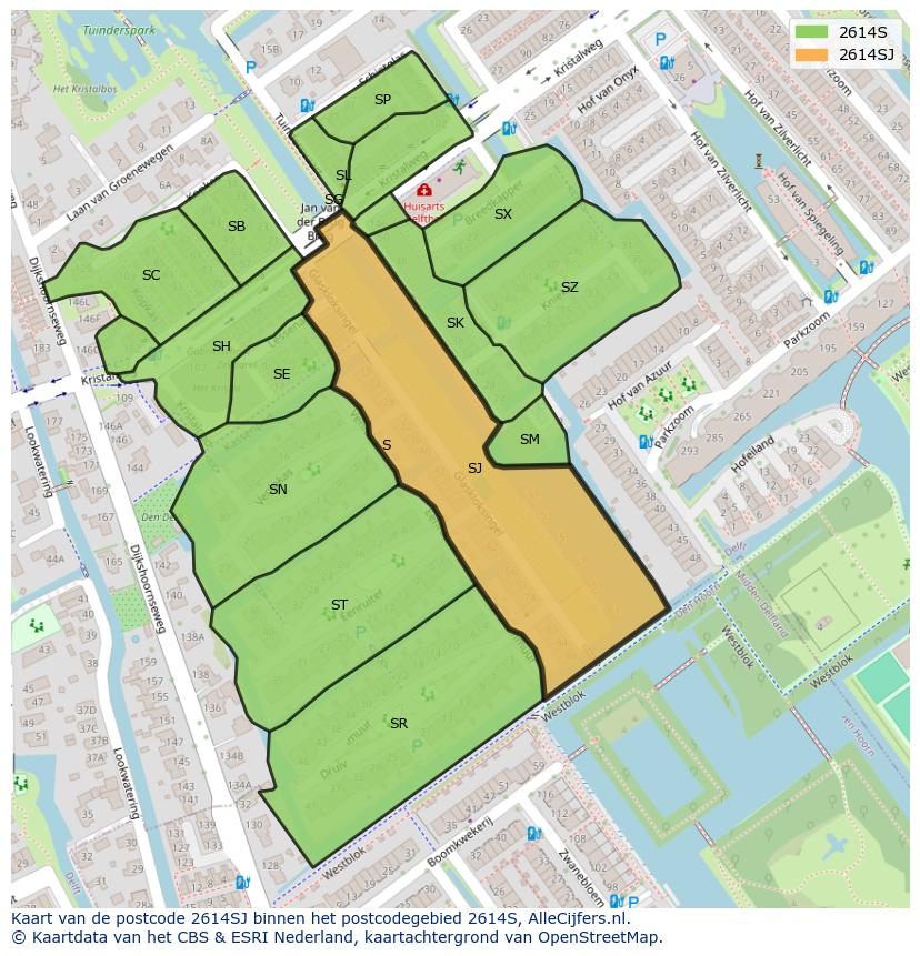 Afbeelding van het postcodegebied 2614 SJ op de kaart.