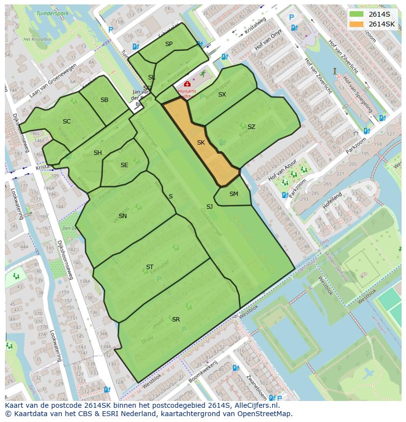 Afbeelding van het postcodegebied 2614 SK op de kaart.
