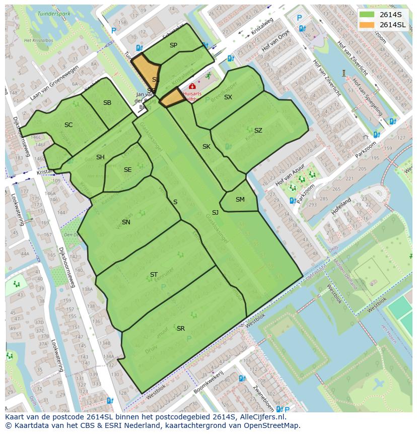 Afbeelding van het postcodegebied 2614 SL op de kaart.