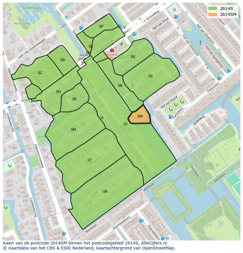 Afbeelding van het postcodegebied 2614 SM op de kaart.