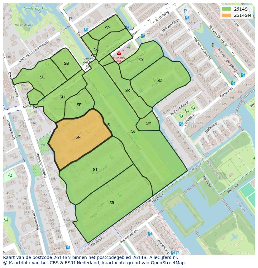 Afbeelding van het postcodegebied 2614 SN op de kaart.