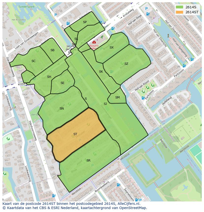Afbeelding van het postcodegebied 2614 ST op de kaart.