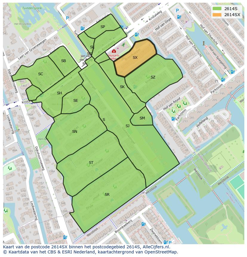 Afbeelding van het postcodegebied 2614 SX op de kaart.