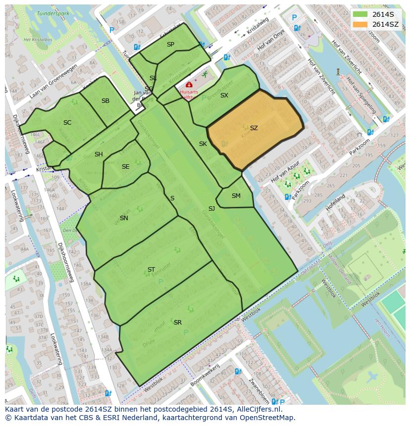 Afbeelding van het postcodegebied 2614 SZ op de kaart.