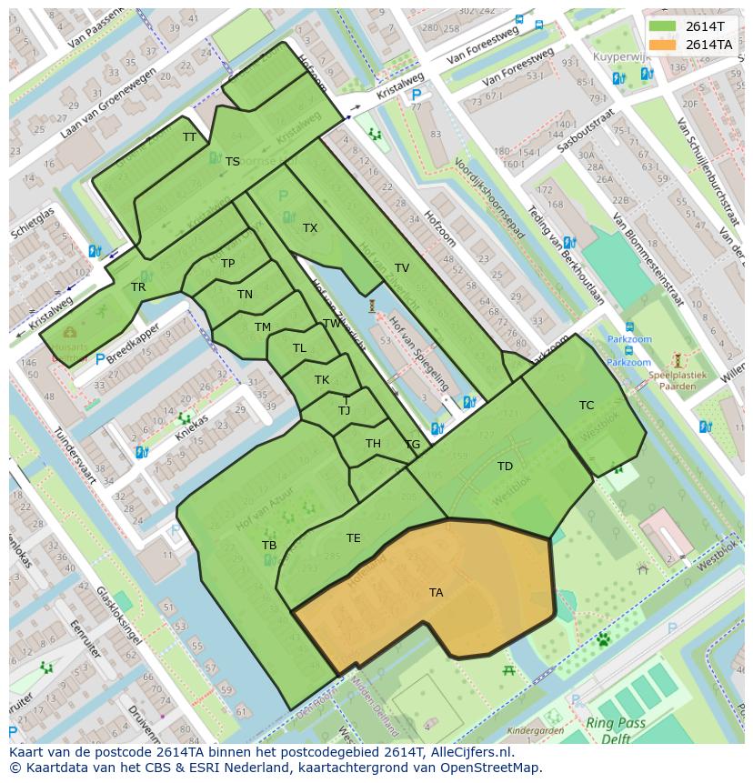 Afbeelding van het postcodegebied 2614 TA op de kaart.