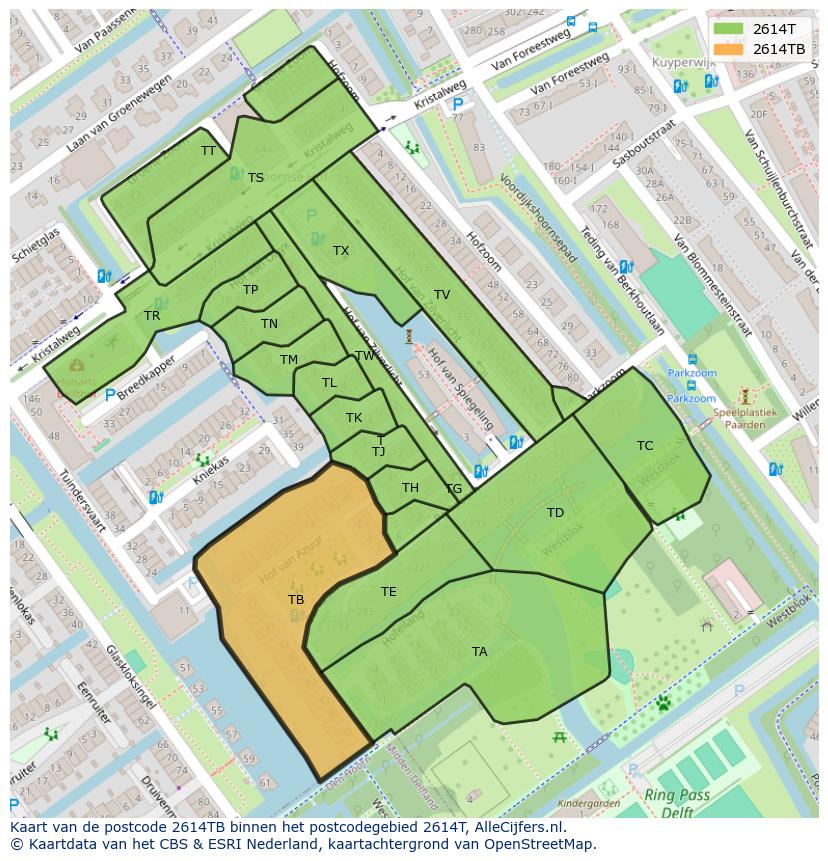 Afbeelding van het postcodegebied 2614 TB op de kaart.