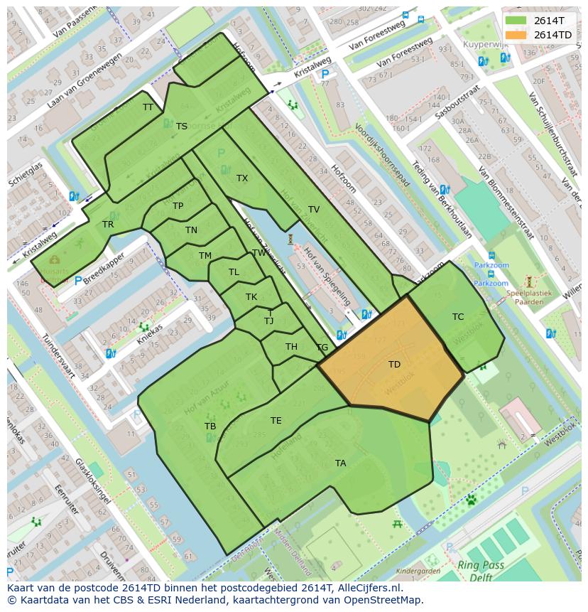 Afbeelding van het postcodegebied 2614 TD op de kaart.