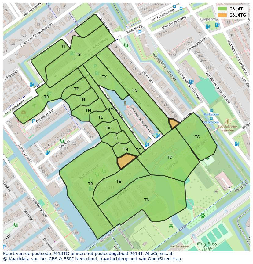 Afbeelding van het postcodegebied 2614 TG op de kaart.