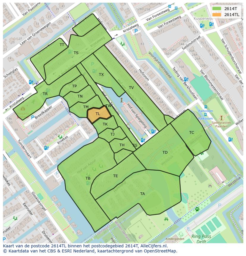 Afbeelding van het postcodegebied 2614 TL op de kaart.