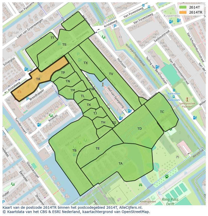 Afbeelding van het postcodegebied 2614 TR op de kaart.