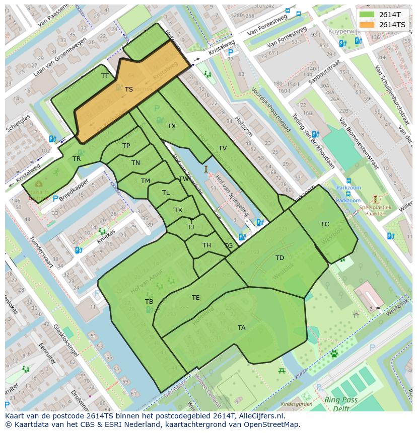 Afbeelding van het postcodegebied 2614 TS op de kaart.