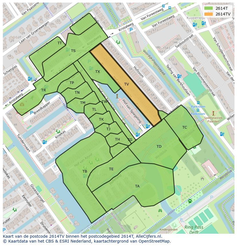 Afbeelding van het postcodegebied 2614 TV op de kaart.