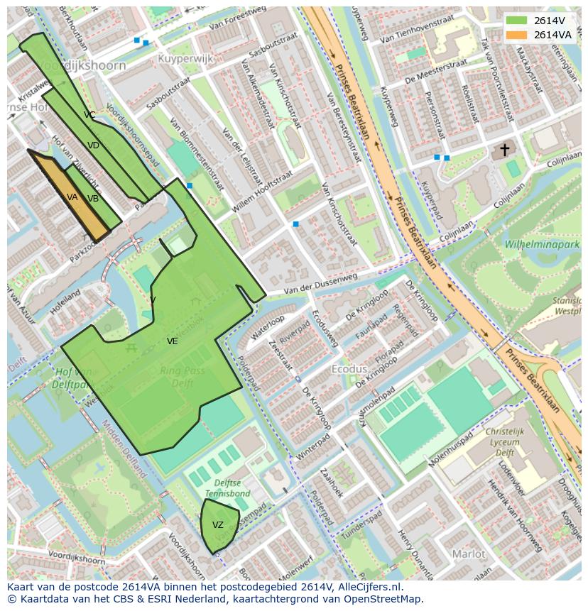 Afbeelding van het postcodegebied 2614 VA op de kaart.