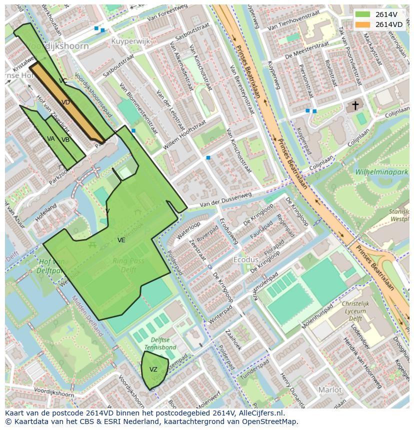 Afbeelding van het postcodegebied 2614 VD op de kaart.