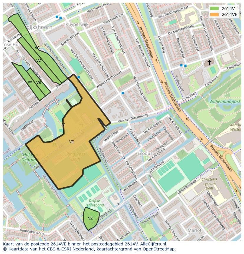 Afbeelding van het postcodegebied 2614 VE op de kaart.