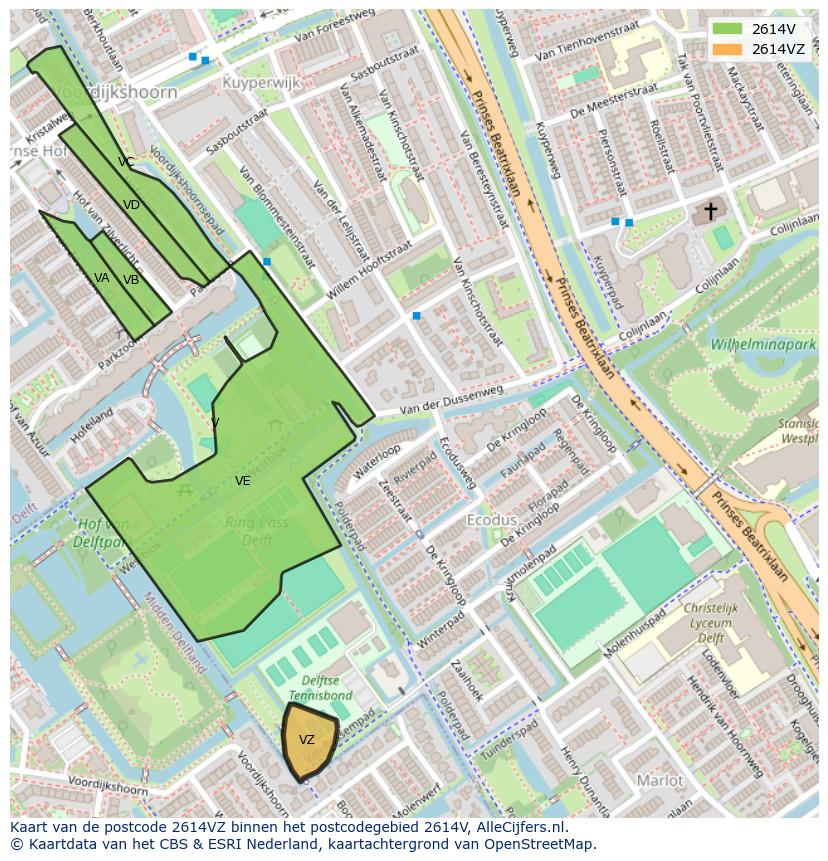 Afbeelding van het postcodegebied 2614 VZ op de kaart.