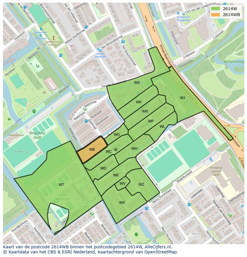 Afbeelding van het postcodegebied 2614 WB op de kaart.