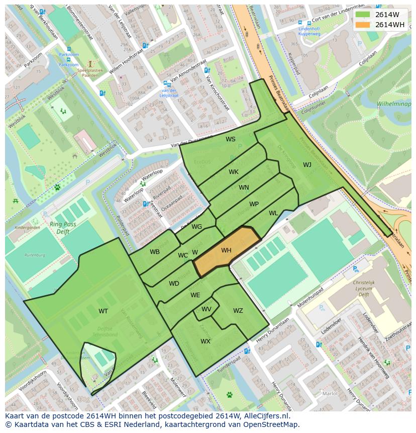 Afbeelding van het postcodegebied 2614 WH op de kaart.