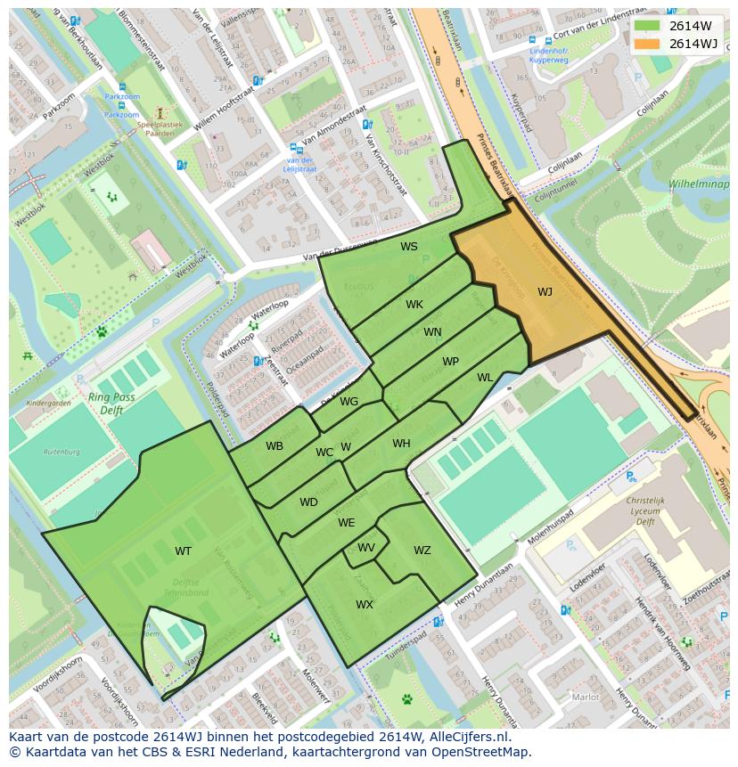 Afbeelding van het postcodegebied 2614 WJ op de kaart.