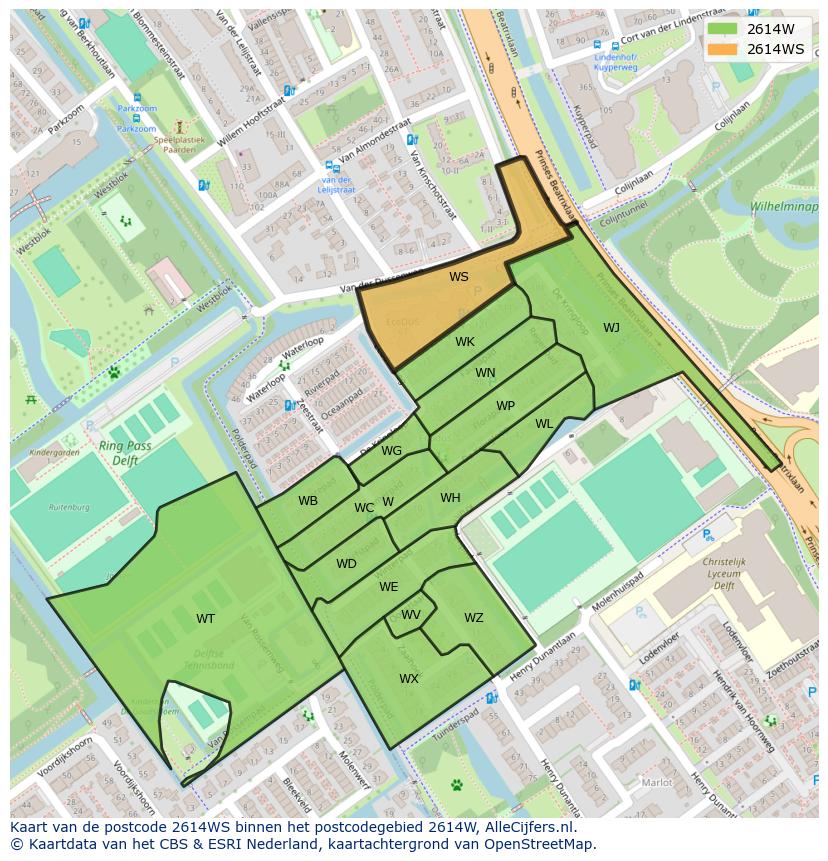 Afbeelding van het postcodegebied 2614 WS op de kaart.