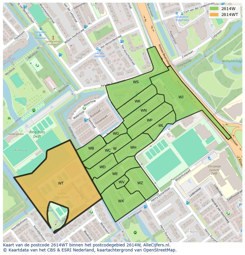 Afbeelding van het postcodegebied 2614 WT op de kaart.