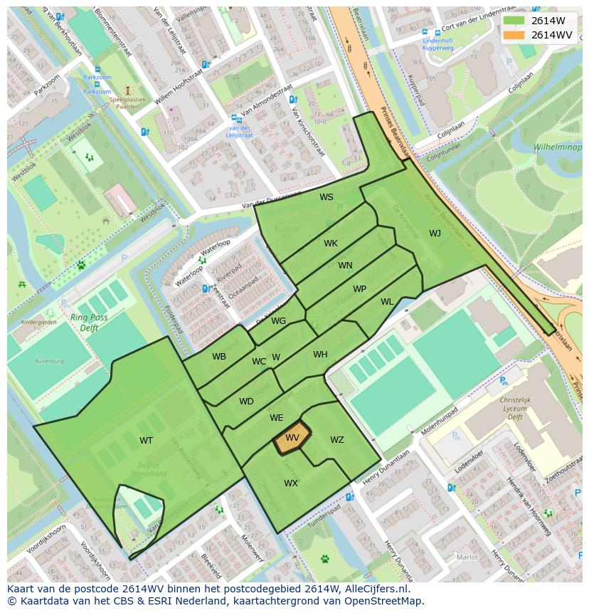 Afbeelding van het postcodegebied 2614 WV op de kaart.