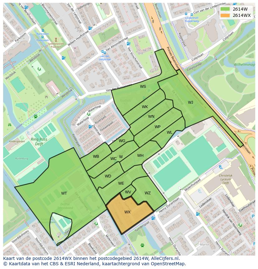 Afbeelding van het postcodegebied 2614 WX op de kaart.
