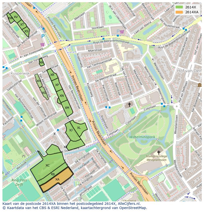 Afbeelding van het postcodegebied 2614 XA op de kaart.