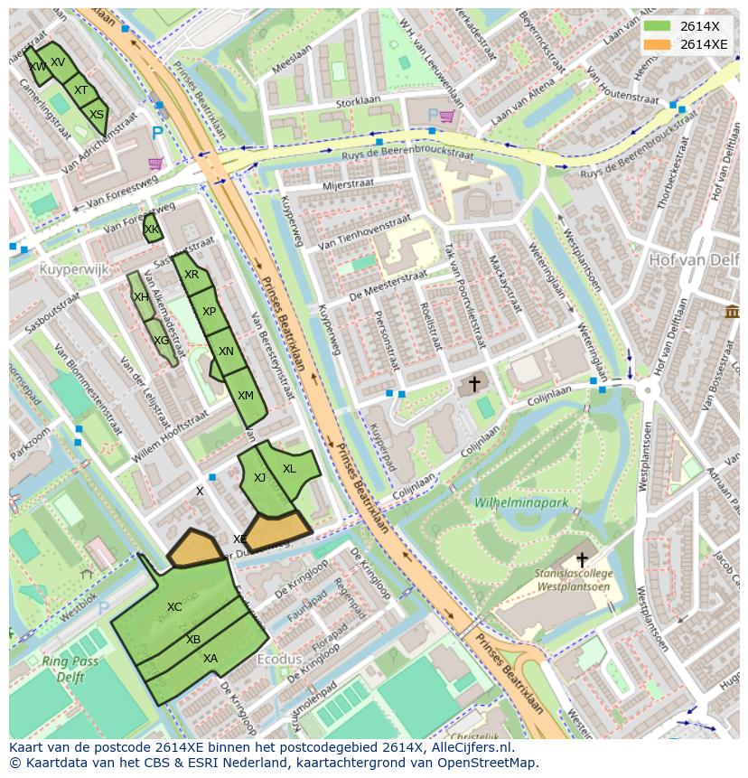 Afbeelding van het postcodegebied 2614 XE op de kaart.
