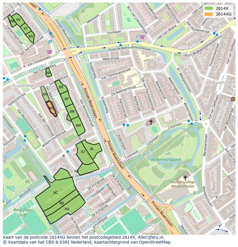 Afbeelding van het postcodegebied 2614 XG op de kaart.